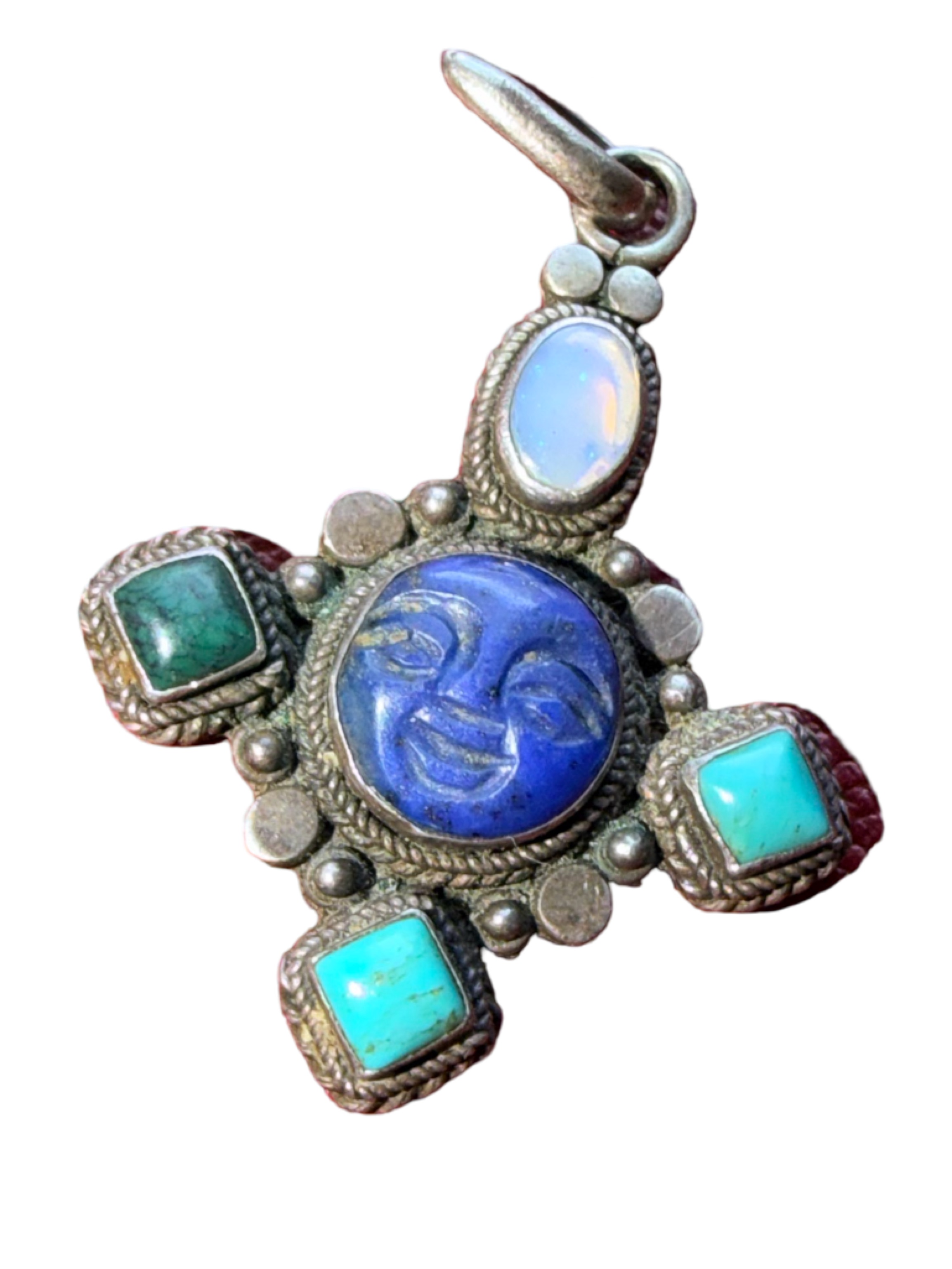 Vintage .925 Moonface Pendant Necklace - Blue Lapis Moonstone & Turquoise